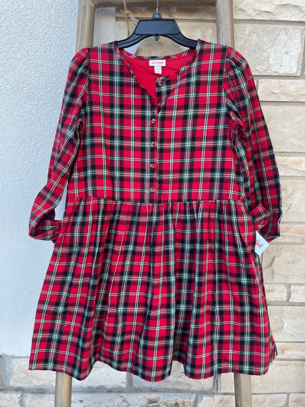 Cat & Jack Girls Red Plaid Button-Front Holiday Dress
